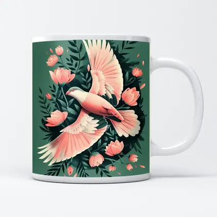 Pink Dove Flying Among Coral Flowers