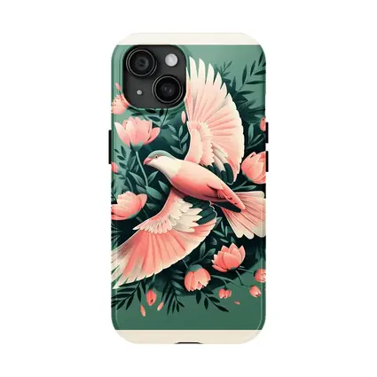 Pink Dove Flying Among Coral Flowers