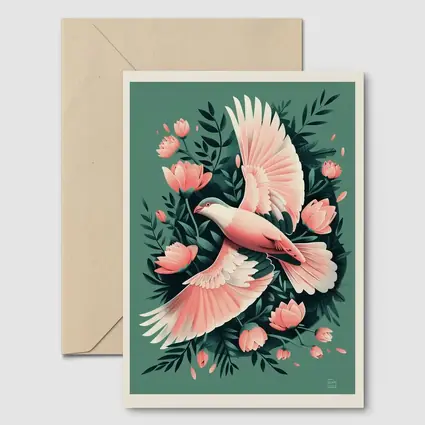 Pink Dove Flying Among Coral Flowers