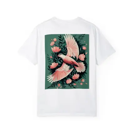 Pink Dove Flying Among Coral Flowers
