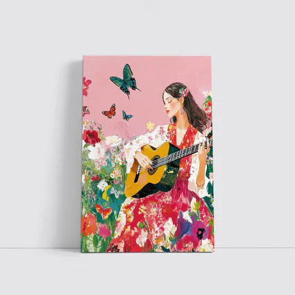 Woman Playing Guitar Floral Garden Butterflies