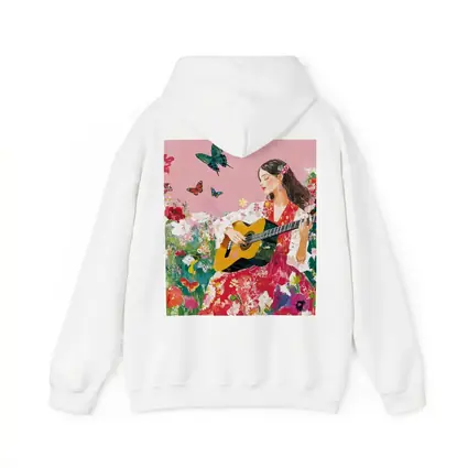 Woman Playing Guitar Floral Garden Butterflies