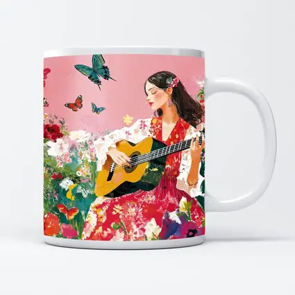 Woman Playing Guitar Floral Garden Butterflies