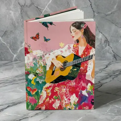 Woman Playing Guitar Floral Garden Butterflies