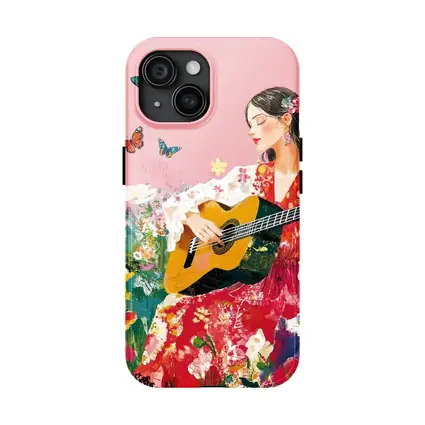 Woman Playing Guitar Floral Garden Butterflies