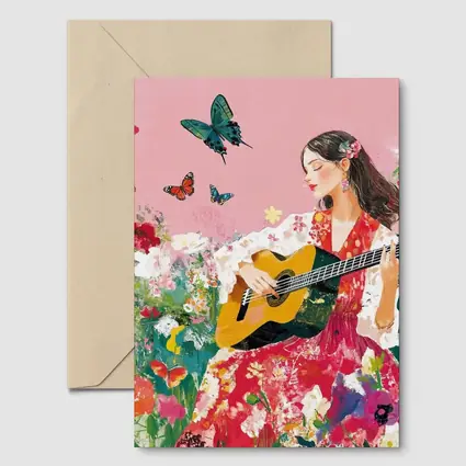 Woman Playing Guitar Floral Garden Butterflies