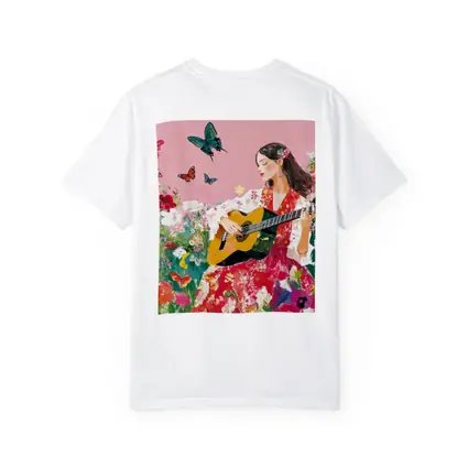 Woman Playing Guitar Floral Garden Butterflies