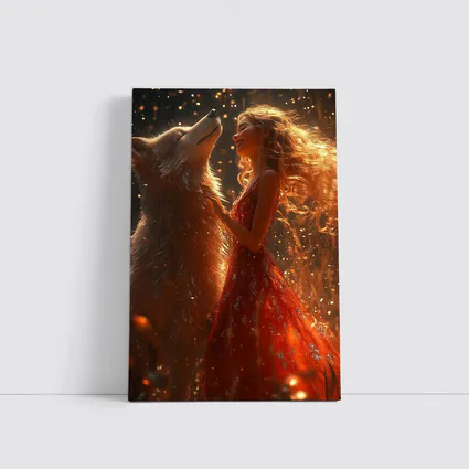 Woman in Red Dress Dancing with Wolf