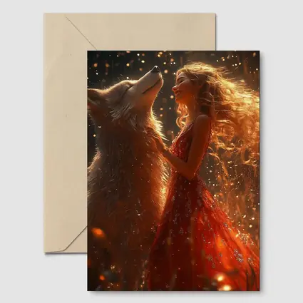 Woman in Red Dress Dancing with Wolf
