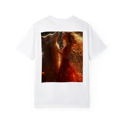 Woman in Red Dress Dancing with Wolf
