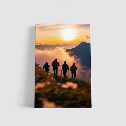 Hikers Walking Mountain Ridge At Golden Sunset