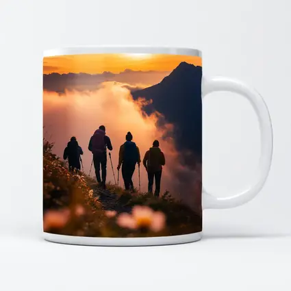 Hikers Walking Mountain Ridge At Golden Sunset