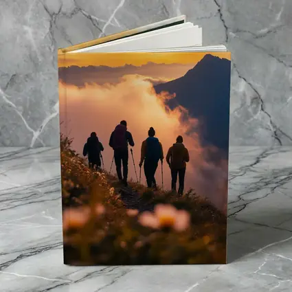 Hikers Walking Mountain Ridge At Golden Sunset