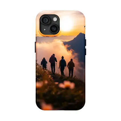 Hikers Walking Mountain Ridge At Golden Sunset