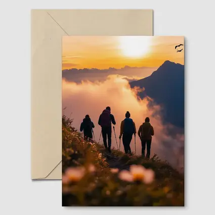 Hikers Walking Mountain Ridge At Golden Sunset