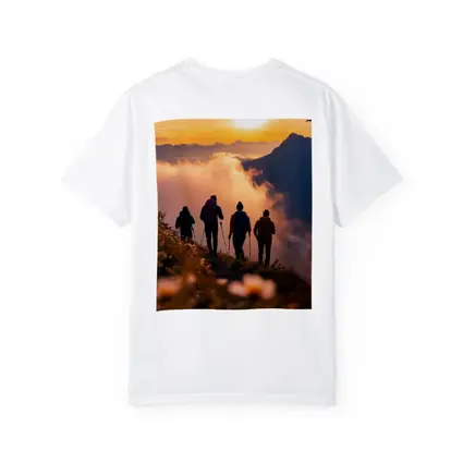 Hikers Walking Mountain Ridge At Golden Sunset