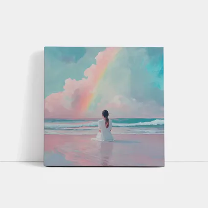 Woman Sitting Beach Pastel Rainbow Oil Painting