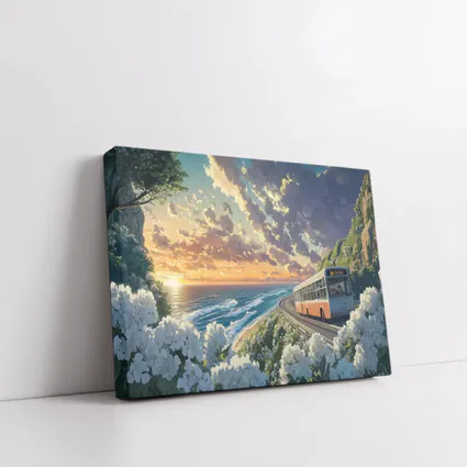 Anime Bus Coastal Road Sunset Ocean