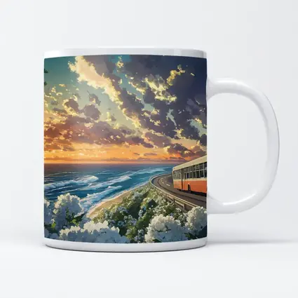 Anime Bus Coastal Road Sunset Ocean