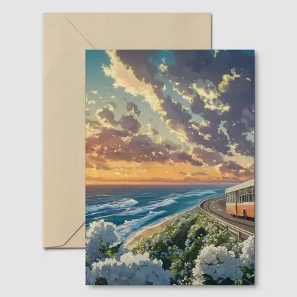 Anime Bus Coastal Road Sunset Ocean