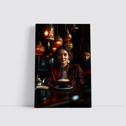 Woman in Turkish Cafe with Ornate Lanterns