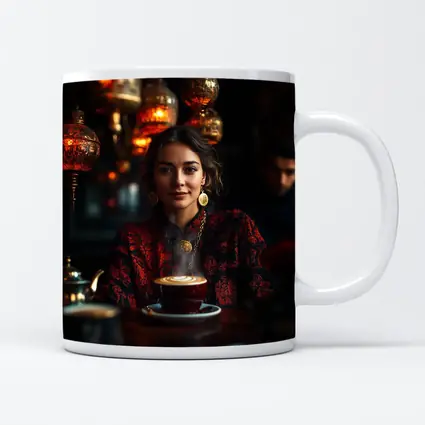 Woman in Turkish Cafe with Ornate Lanterns