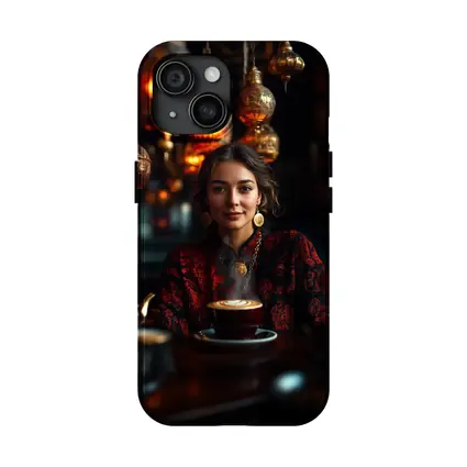Woman in Turkish Cafe with Ornate Lanterns