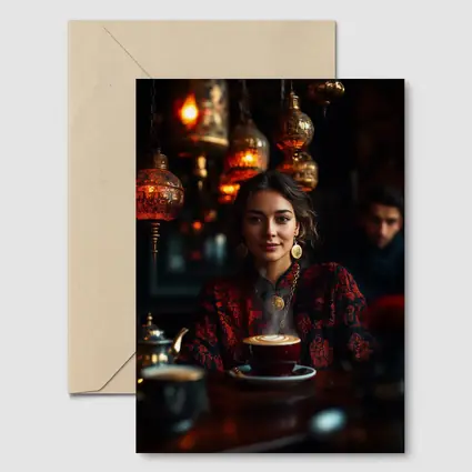 Woman in Turkish Cafe with Ornate Lanterns