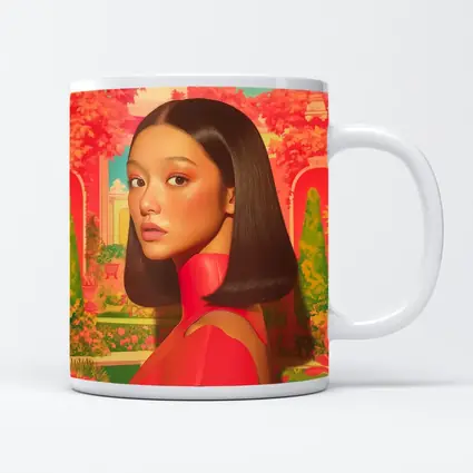 Asian Woman Portrait Pink Garden Illustration Art