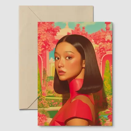 Asian Woman Portrait Pink Garden Illustration Art