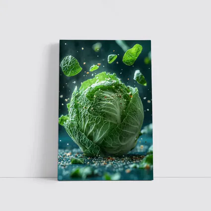 Fresh Green Cabbage Floating Dark Background