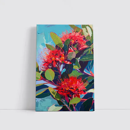 Red Pohutukawa Flowers Blue Sky Painting