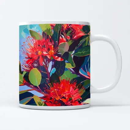 Red Pohutukawa Flowers Blue Sky Painting