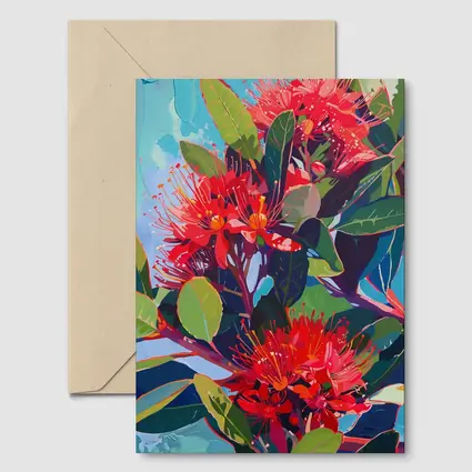 Red Pohutukawa Flowers Blue Sky Painting