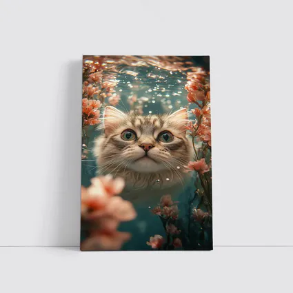 Curious Cat Underwater Among Pink Flowers