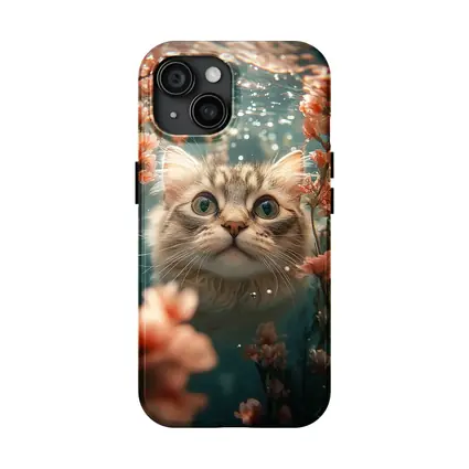 Curious Cat Underwater Among Pink Flowers