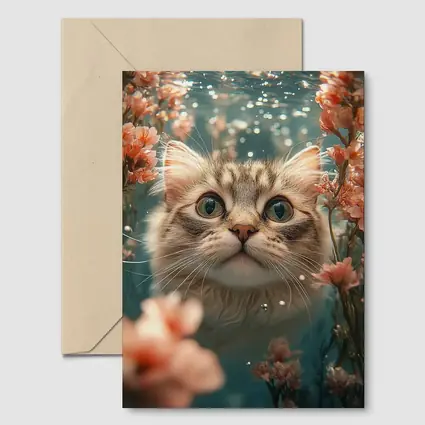 Curious Cat Underwater Among Pink Flowers