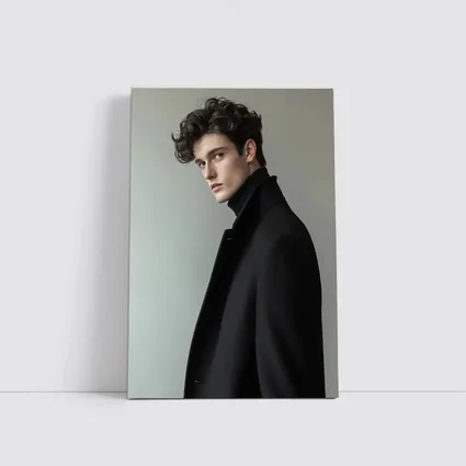 Young Man Black Coat Minimal Gray Background
