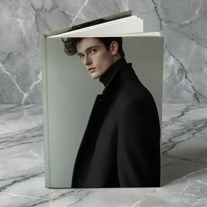 Young Man Black Coat Minimal Gray Background