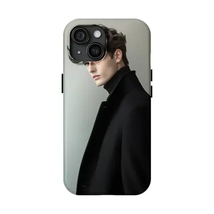 Young Man Black Coat Minimal Gray Background