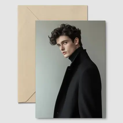 Young Man Black Coat Minimal Gray Background
