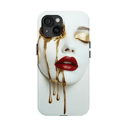 White Mask Gold Drip Red Lips Art