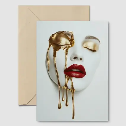 White Mask Gold Drip Red Lips Art
