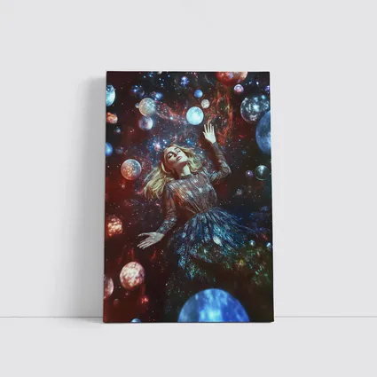 Woman Floating Among Glowing Cosmic Planets