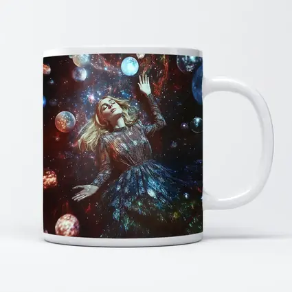 Woman Floating Among Glowing Cosmic Planets