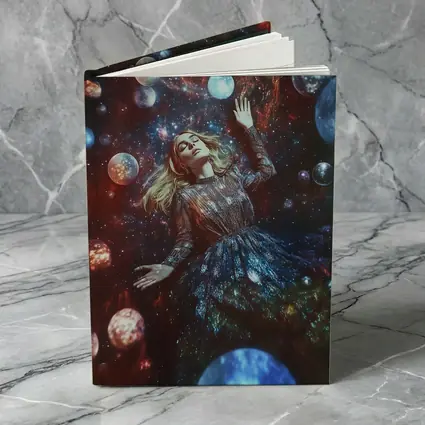 Woman Floating Among Glowing Cosmic Planets