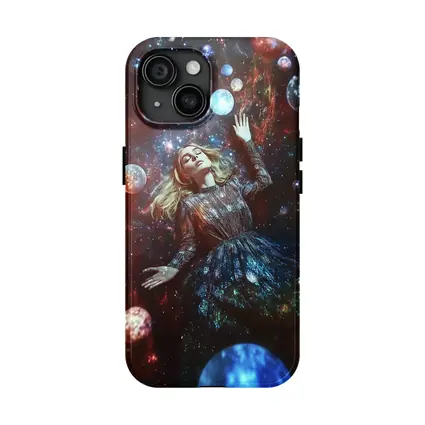 Woman Floating Among Glowing Cosmic Planets
