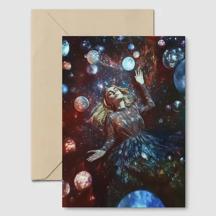 Woman Floating Among Glowing Cosmic Planets
