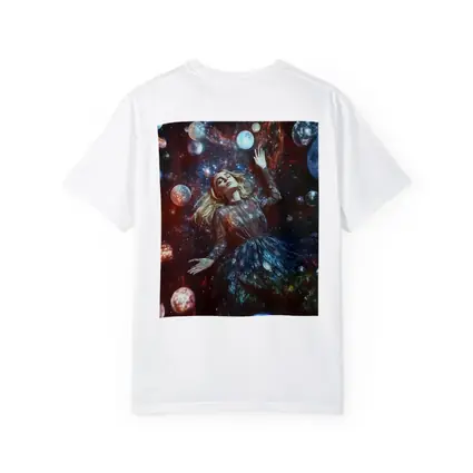 Woman Floating Among Glowing Cosmic Planets