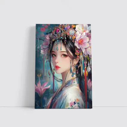 Chinese Fantasy Girl Floral Jeweled Headdress Art